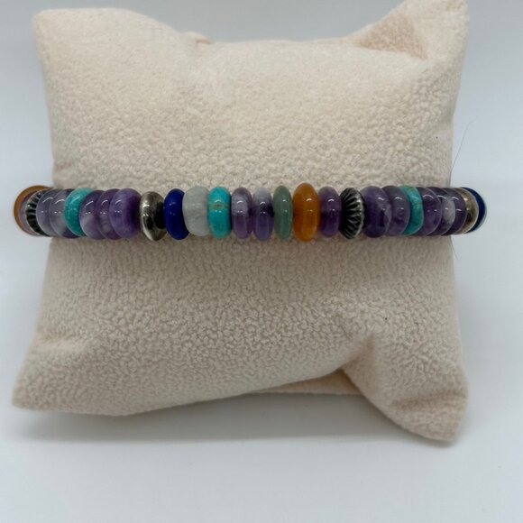 Vintage Carolyn Pollack Sterling Silver Multi Gemstone Memory Wire Bracelet 90s - Picture 4 of 13